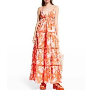 NWT $230 Farm Rio Orange Neon Jungle Tiered Maxi Dress in size Medium!